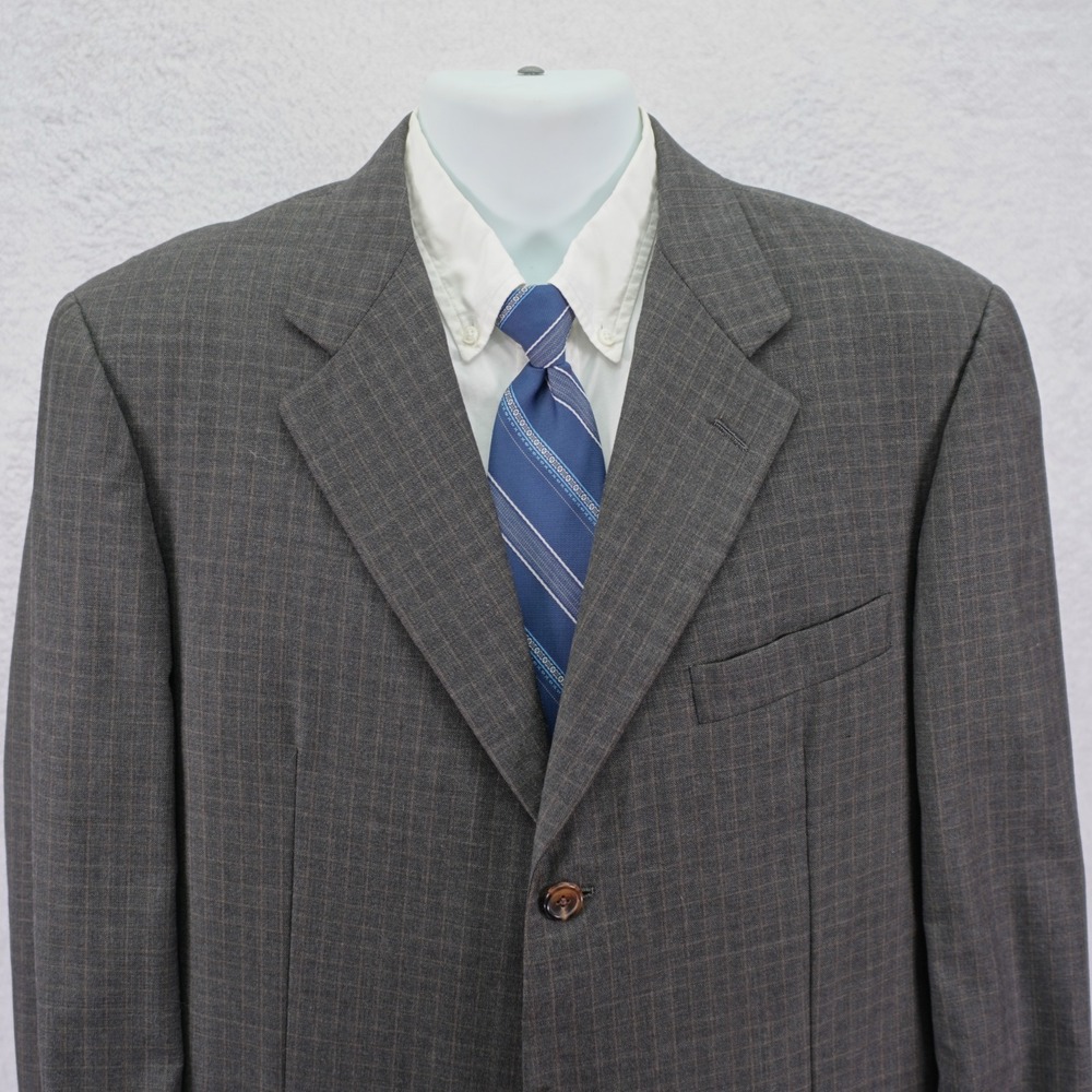 Hickey Freeman Wool Blazer Sport Coat Gray Brown Sharkskin Windowpane 42L Boardr